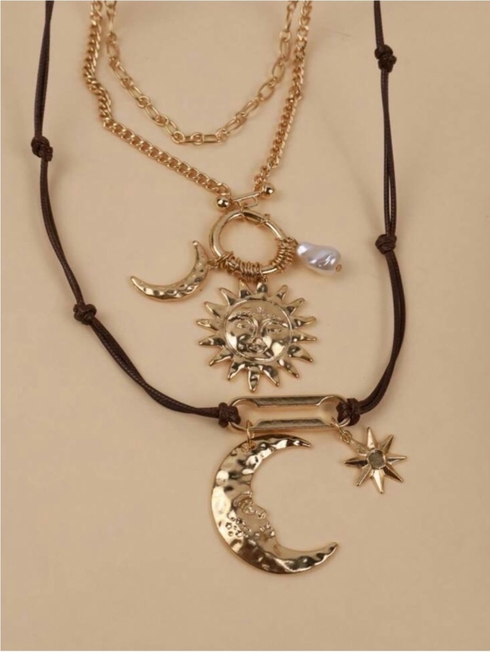 Free People Ser Layered Gold Sun & Moon Pendant Necklace with Brown Cord - Picture 3 of 6